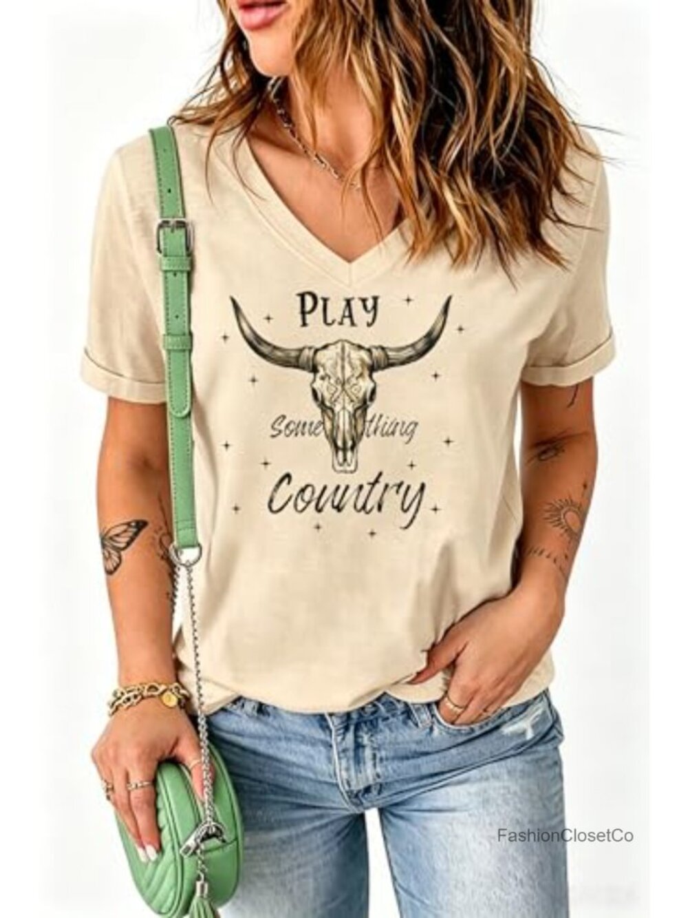 V Neck T-Shirt Cowboy Graphic Tee Country Music Cow Skull Short Sleeve Tshirt - Picture 2 of 3